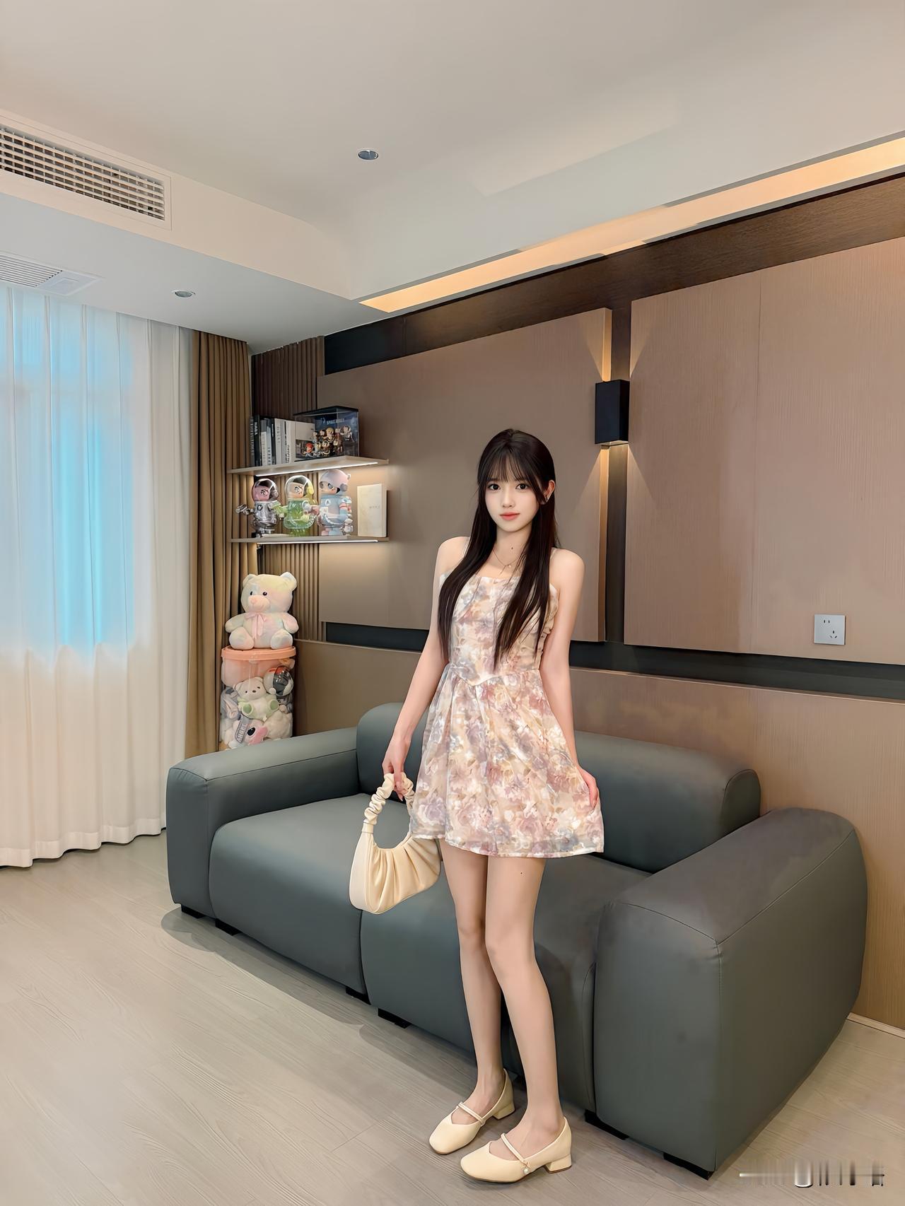 低饱和粉紫晕染像把春日油画穿在了身上，温柔又带点小性感～
收腰+A字裙摆，完美修