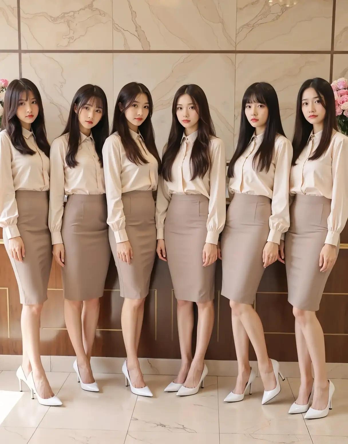 图片中有六位女性。

- 人数 ：共六人，整齐地站成一排。
- 着装 ：她们都穿