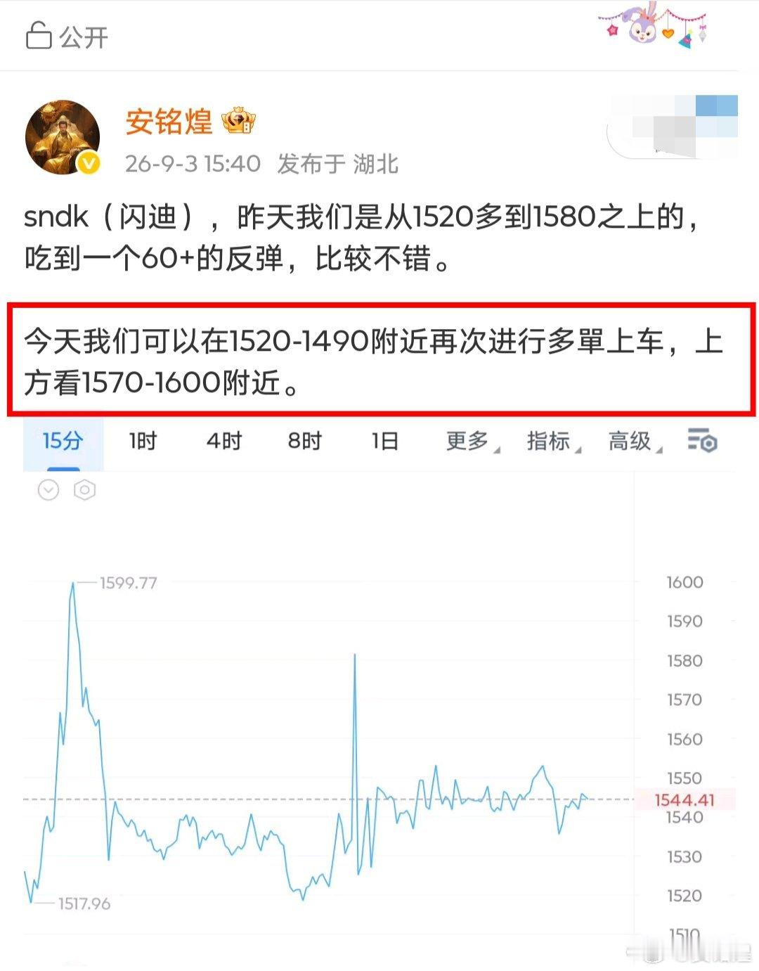 sndk（闪迪），通知低多上车，我们在1520上车，目标1570之上也是给到了，