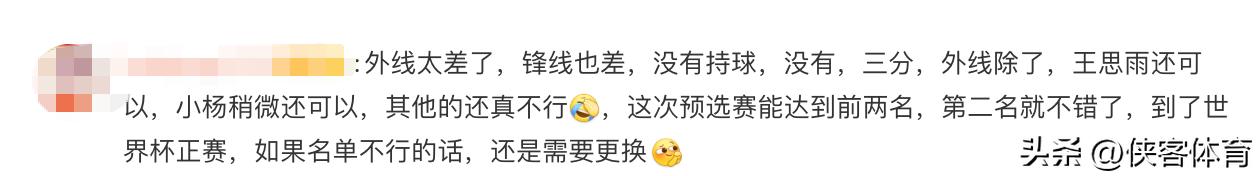 中国女篮征战世界杯资格赛的12人名单出来了，看了一下网上了的评论：

外线差、锋