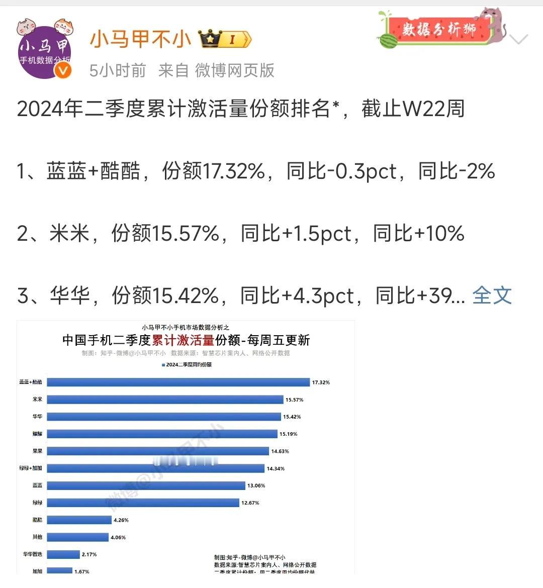 2024年Q2季度，中国市场智能手机激活数据：

1、小蓝蓝，份额17.32%
