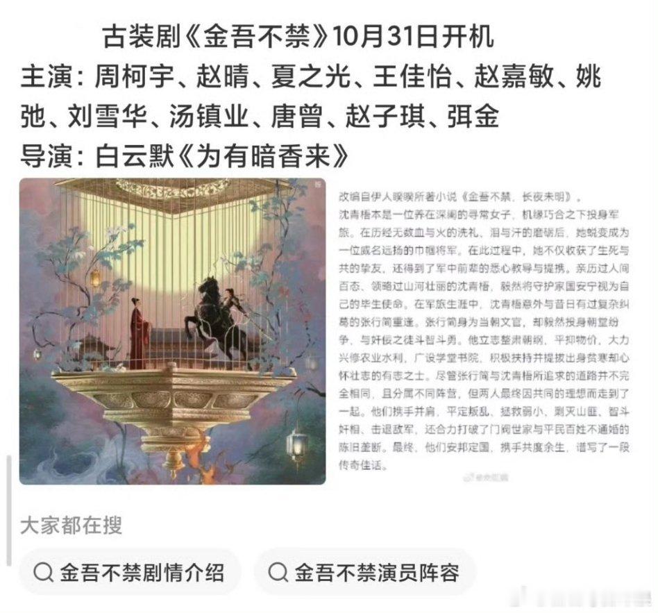 《金吾不禁》演员已定：周柯宇、赵晴、夏之光，10月底开机马上官宣，这个阵容你觉得