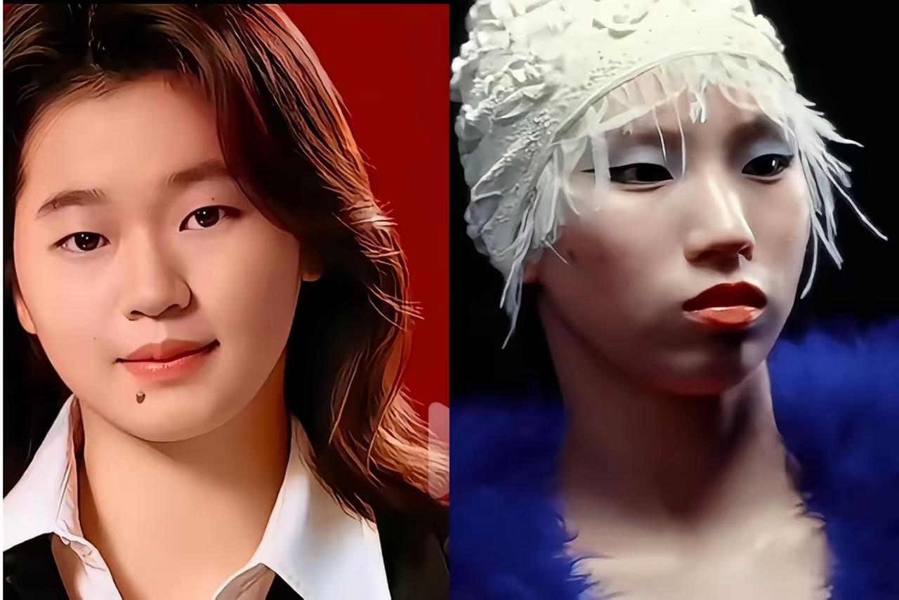 说实话，陈芋汐这回杂志造型真有点“水土不服”。白蓝配色+贴头皮帽一上头，高颧骨、