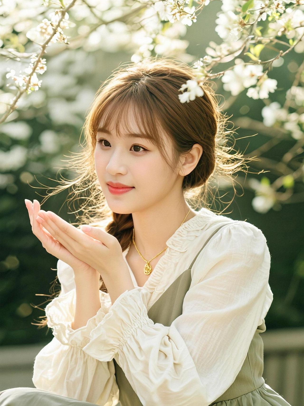 在这片花海中，仿佛时间都慢了下来。阳光透过花瓣，洒在她的笑颜上，每一刻都像是被定