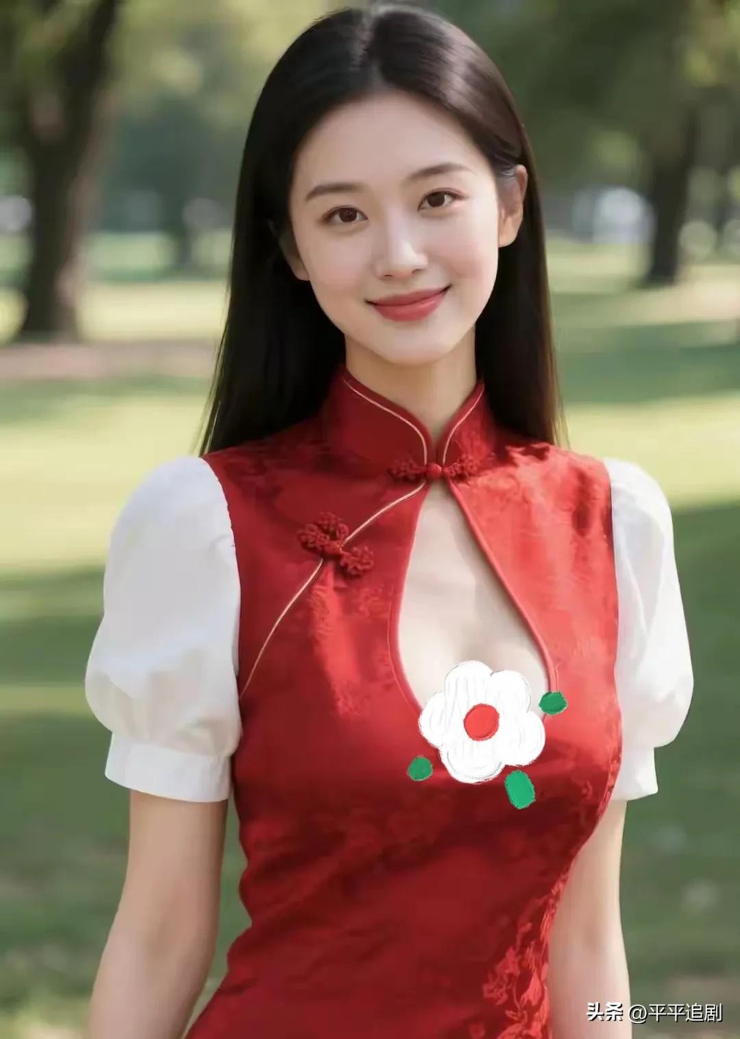 一袭红衣，在绿意里晕开一抹东方的温柔。