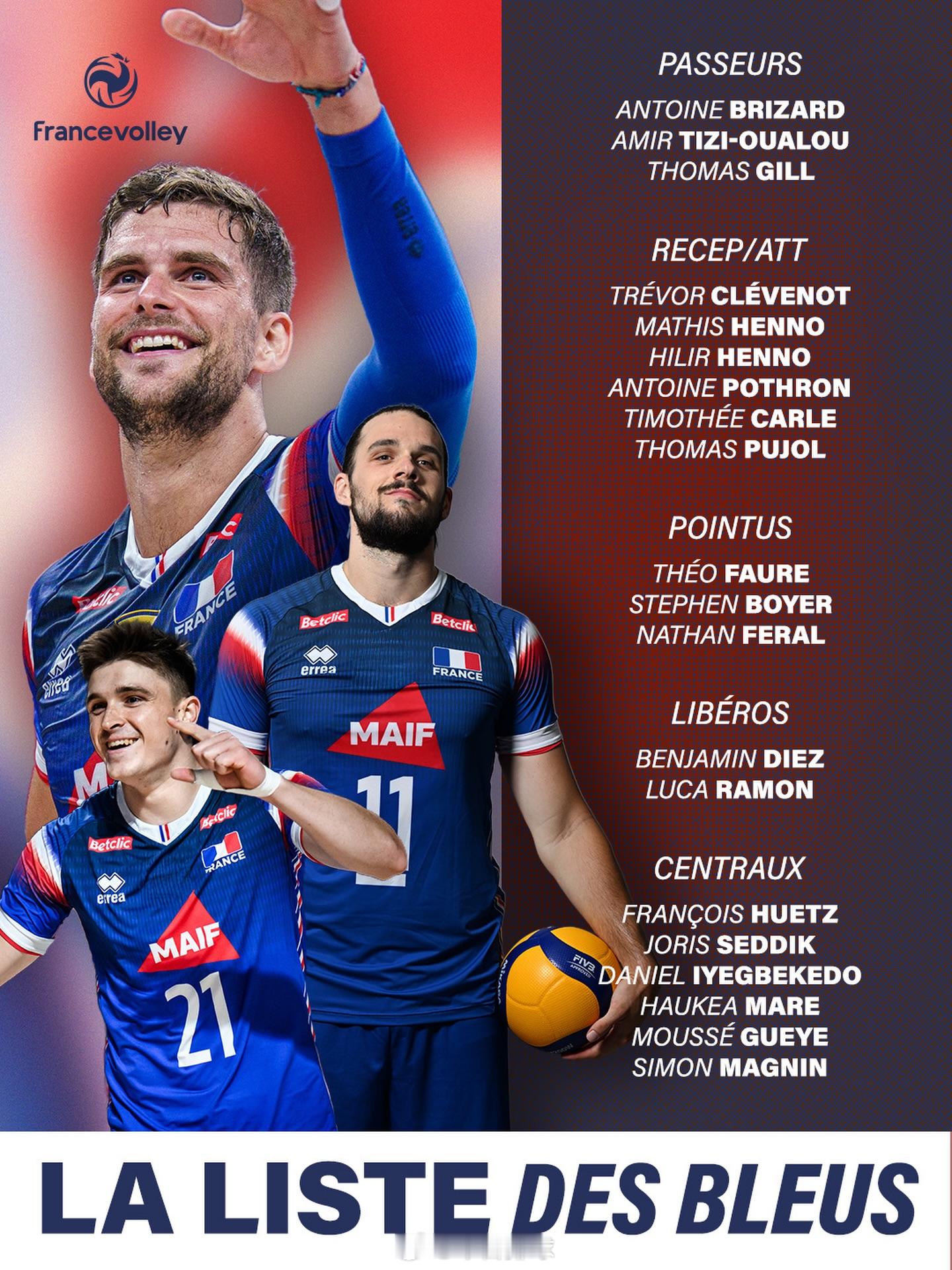 国际排球动态 法国男排公布2026年国家队大名单。 