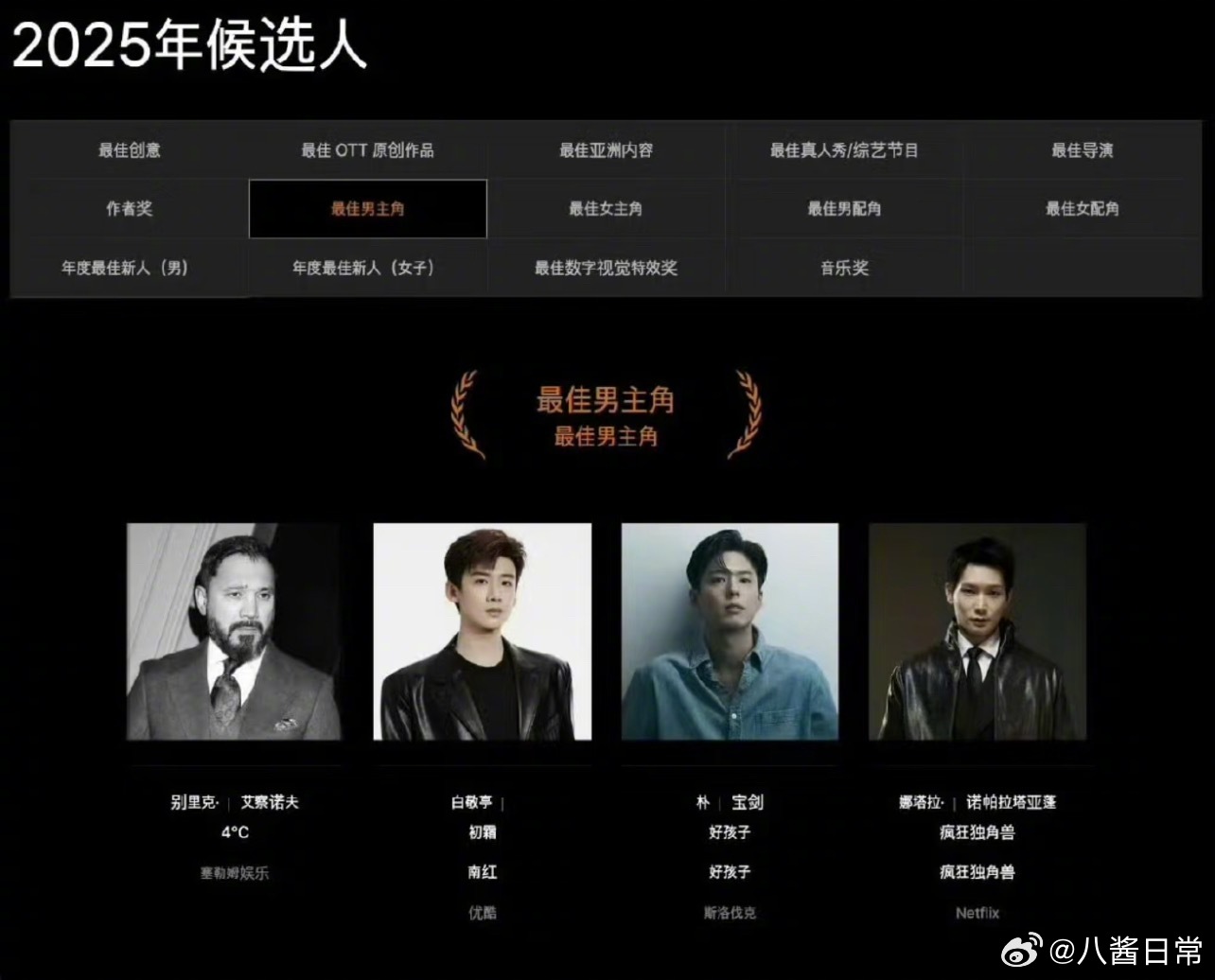 2025亚洲内容大赏最佳男女主角入围名单别理克、白敬亭、朴宝剑、娜塔拉朴恩彬、白