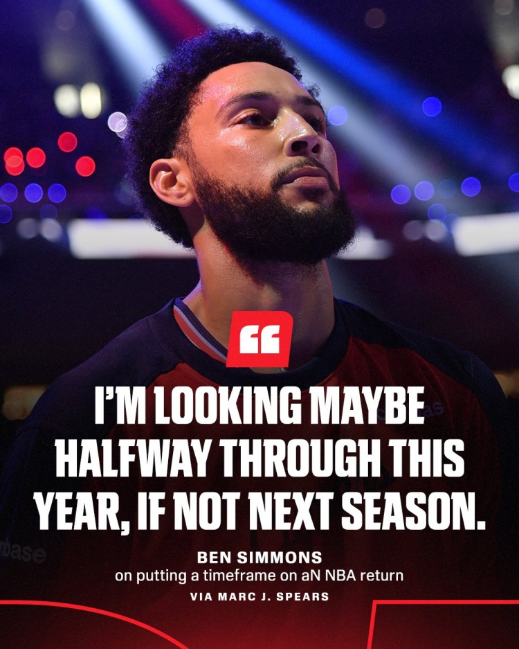 #西蒙斯复出时间表# 本-西蒙斯给出了他的NBA复出时间表：“我预计可能是在本赛