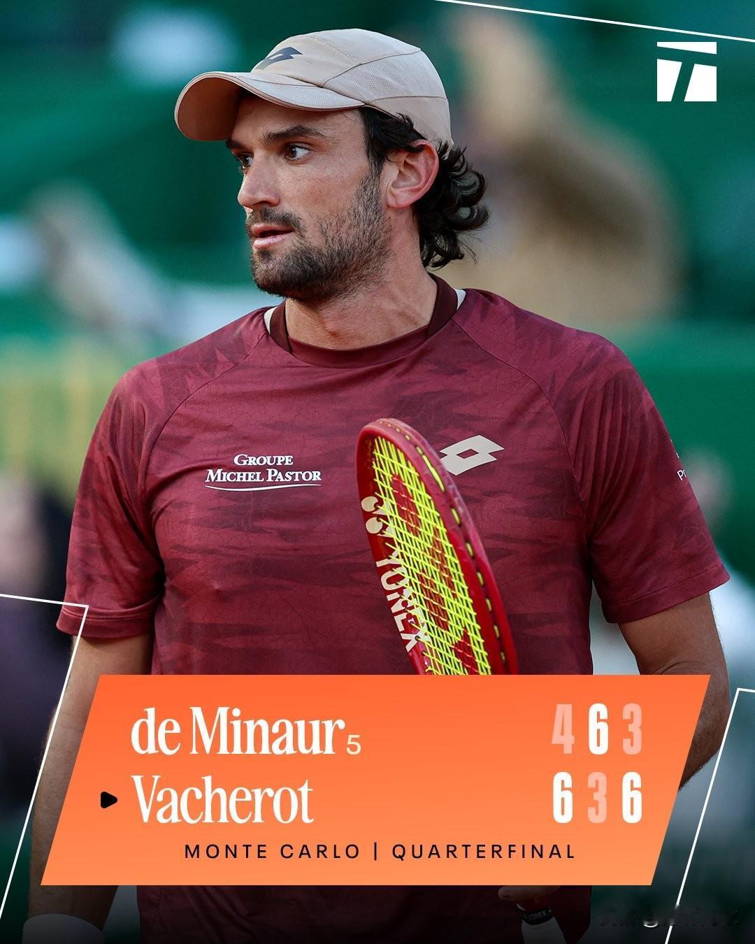 蒙特卡洛大师赛四强产生
表弟瓦舍罗创造历史，
他以6-4/3-6/6-3击败德米