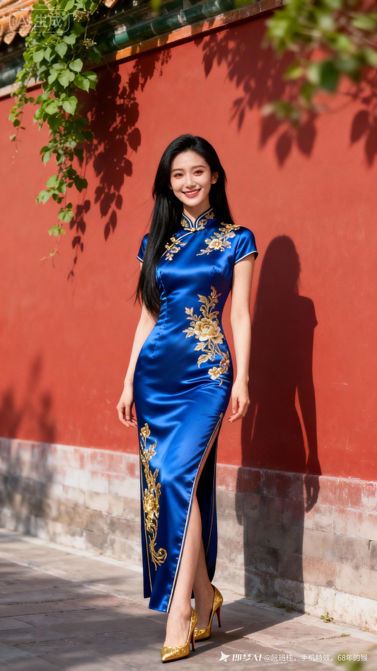 红墙蓝裙，古典与现代的完美融合！