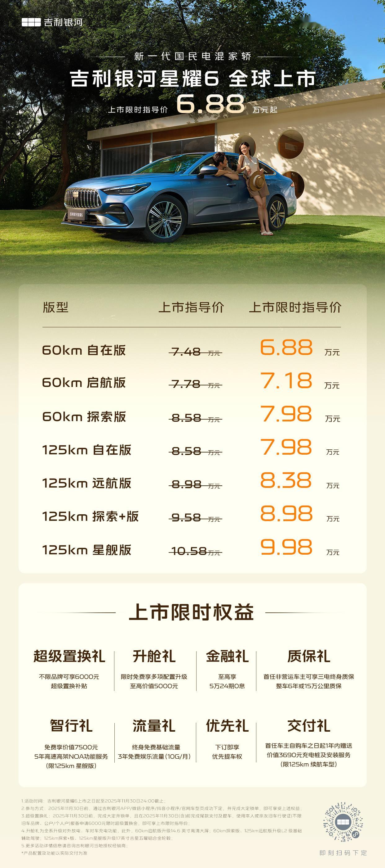 吉利银河星耀6今晚上市，7款车型，纯电续航有60和120公里可选，售价6.88～