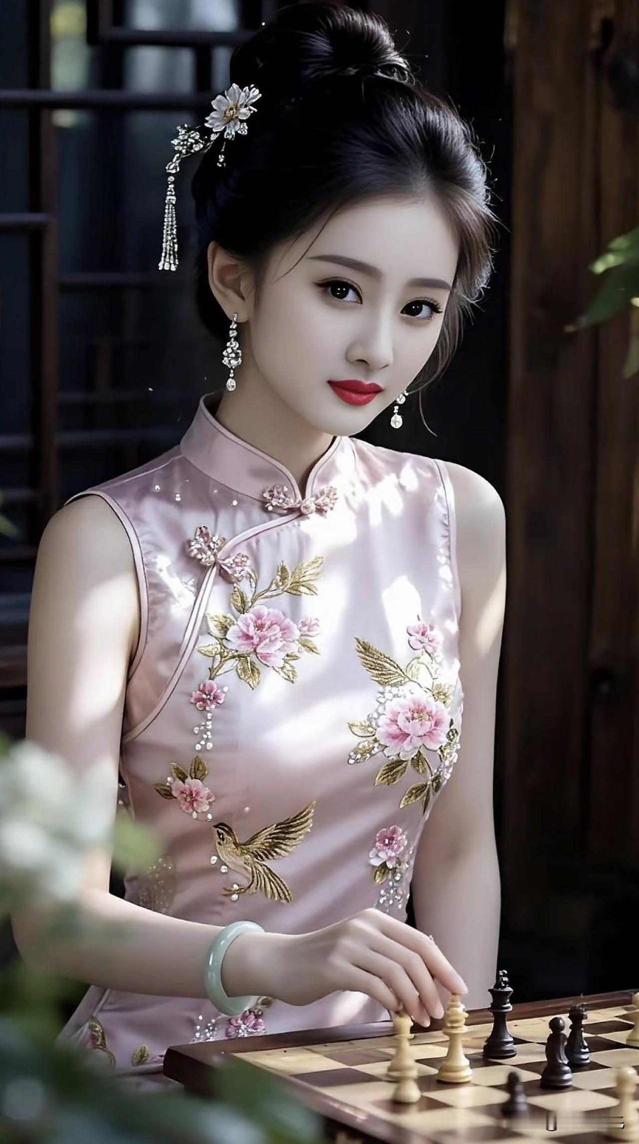 优雅旗袍少女，沉思棋局，静谧时光。旗袍风景写真 旗袍街景照 旗袍溪畔写真 旗袍街