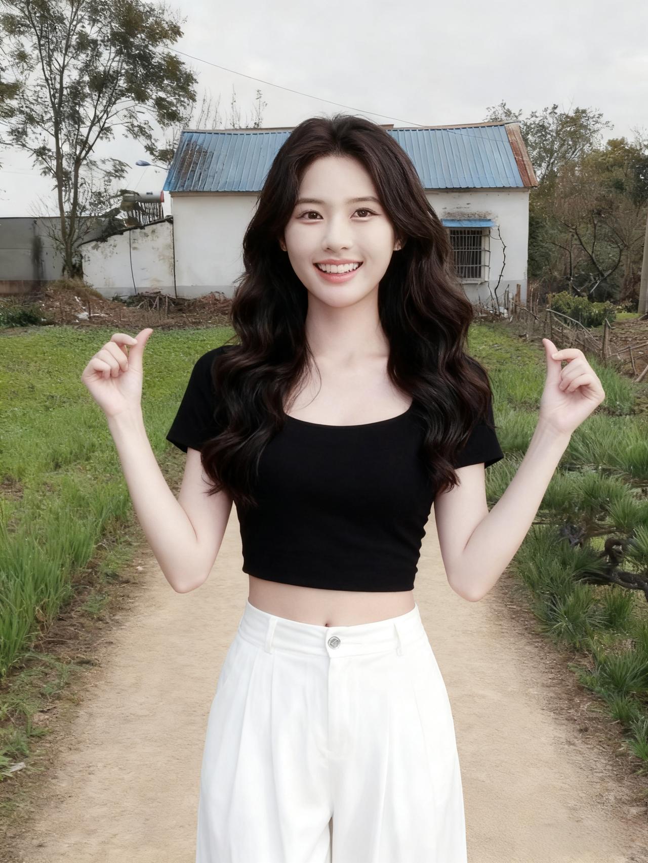 她站在屋后的小路上
像一朵盛开的花
黑色的上衣，是夜的底色
衬托着她的明媚
 ～