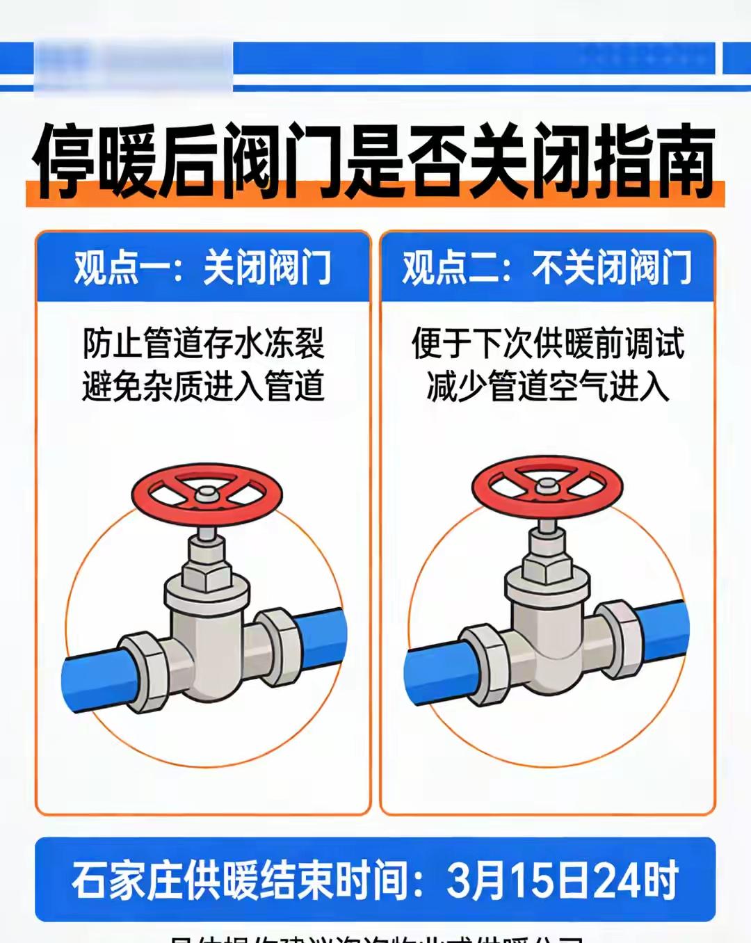停暖后，家里的阀门要不要关呢？
济南市供暖在3月23号24时就结束了，大部分地区