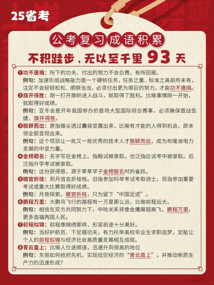 25省考成语积累第九十三天功不唐捐 旗开得胜 脱颖而出 金榜题名蟾宫折桂 鹏程万