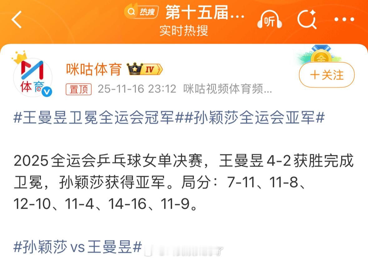 王曼昱4:2战胜孙颖莎获得全运会女单冠军。