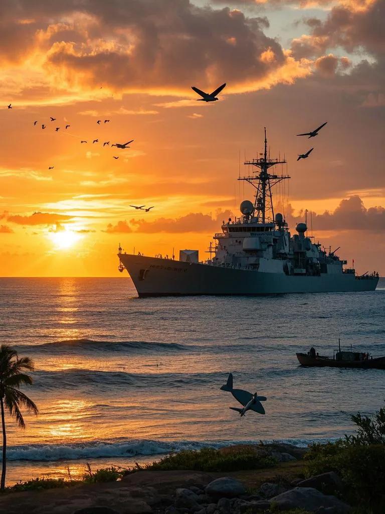  南海夕阳洒金波，军舰巡洋卫海疆。飞机破霞入天际，海鸟逐鱼舞斜阳。海岸椰影伴归舟
