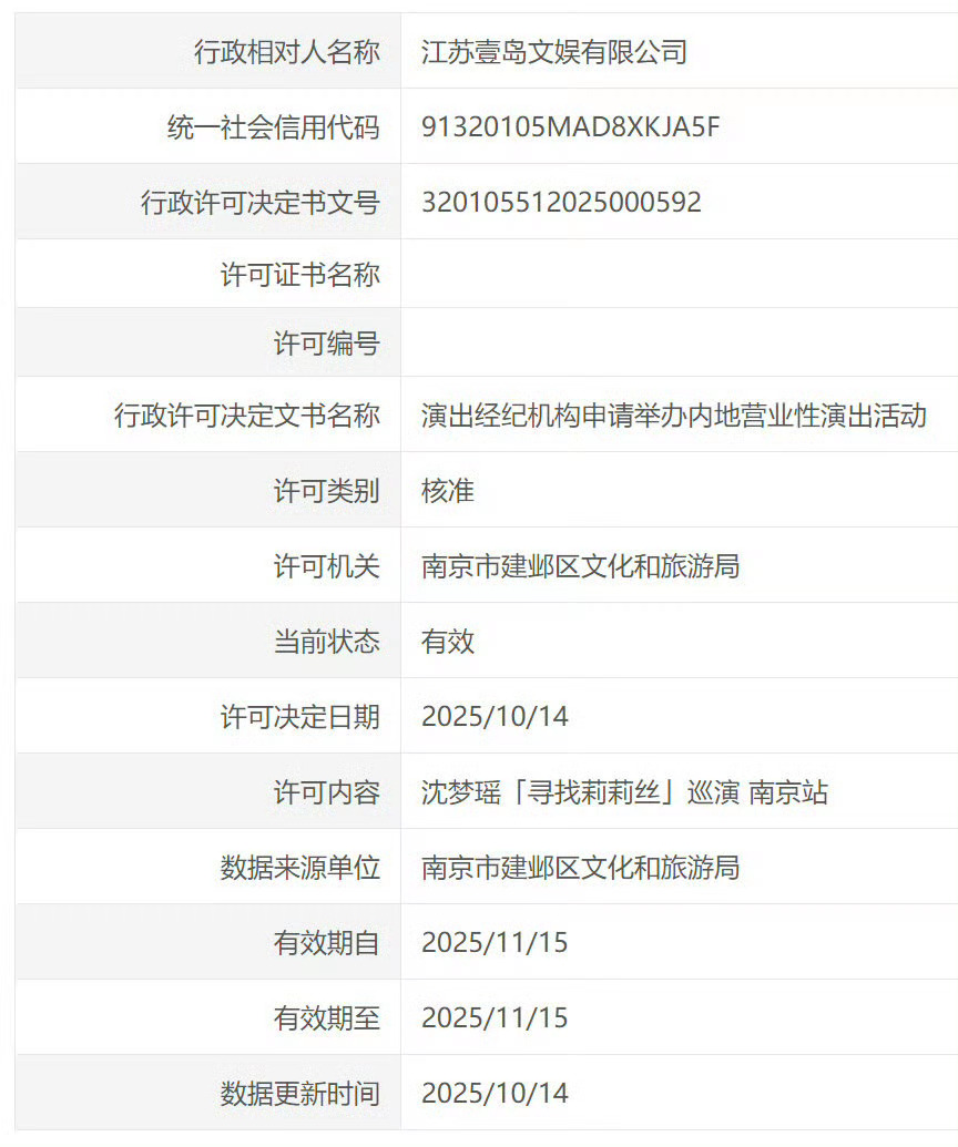 沈梦瑶《寻找莉莉丝》巡回演唱会南京站审批通过！时间⏰：2025年11月15日 ​