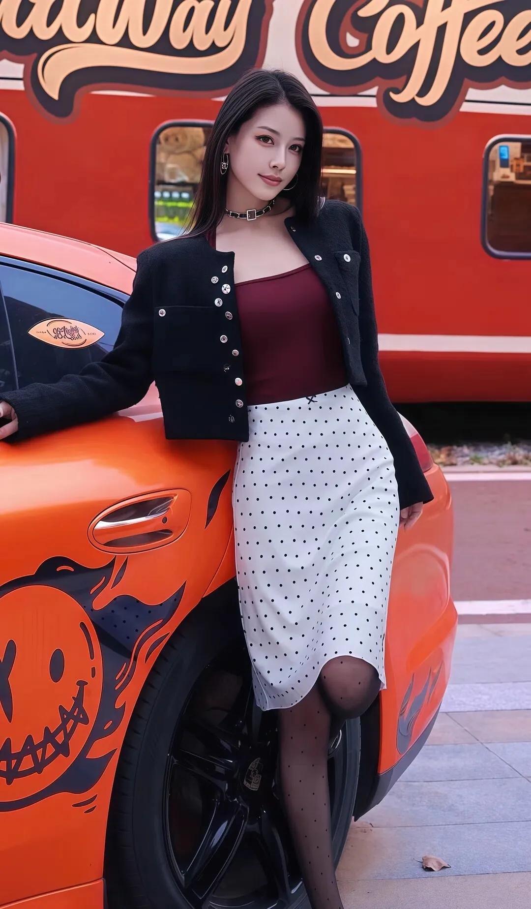 都市时尚少女，倚靠潮流车，咖啡馆背景，黑白波点裙，酷炫黑色外套，复古与现代碰撞。