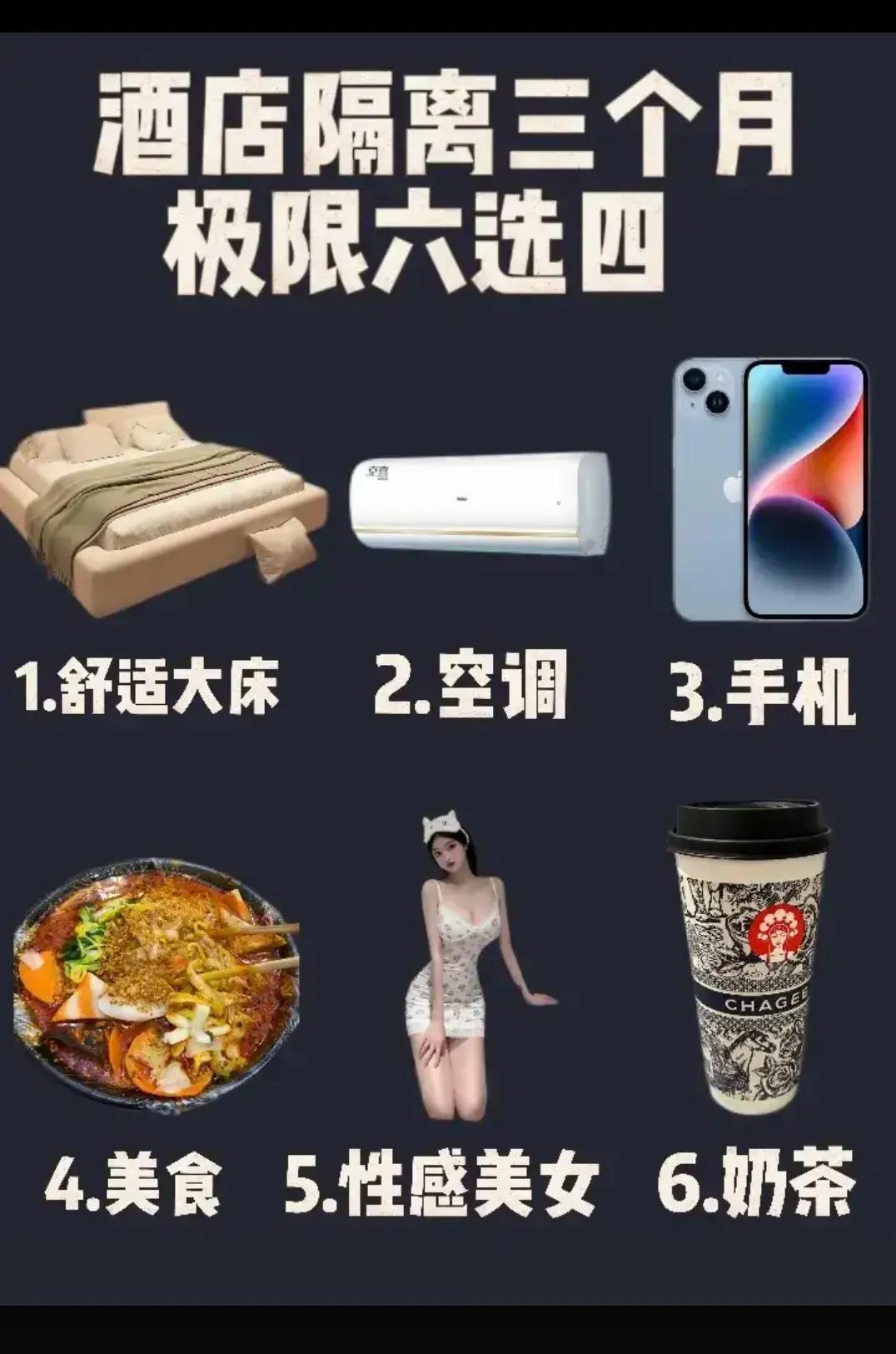 酒店隔离三个月  只能选四样  你怎么选？？？