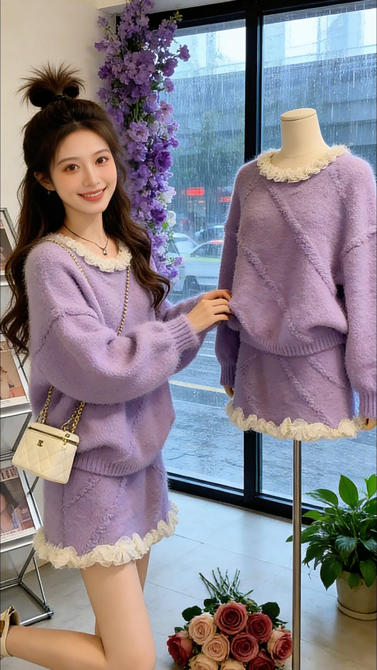 Danny的冬日温柔感，被这套紫色针织套装狠狠拿捏了！软糯的马海毛质感，像把云朵
