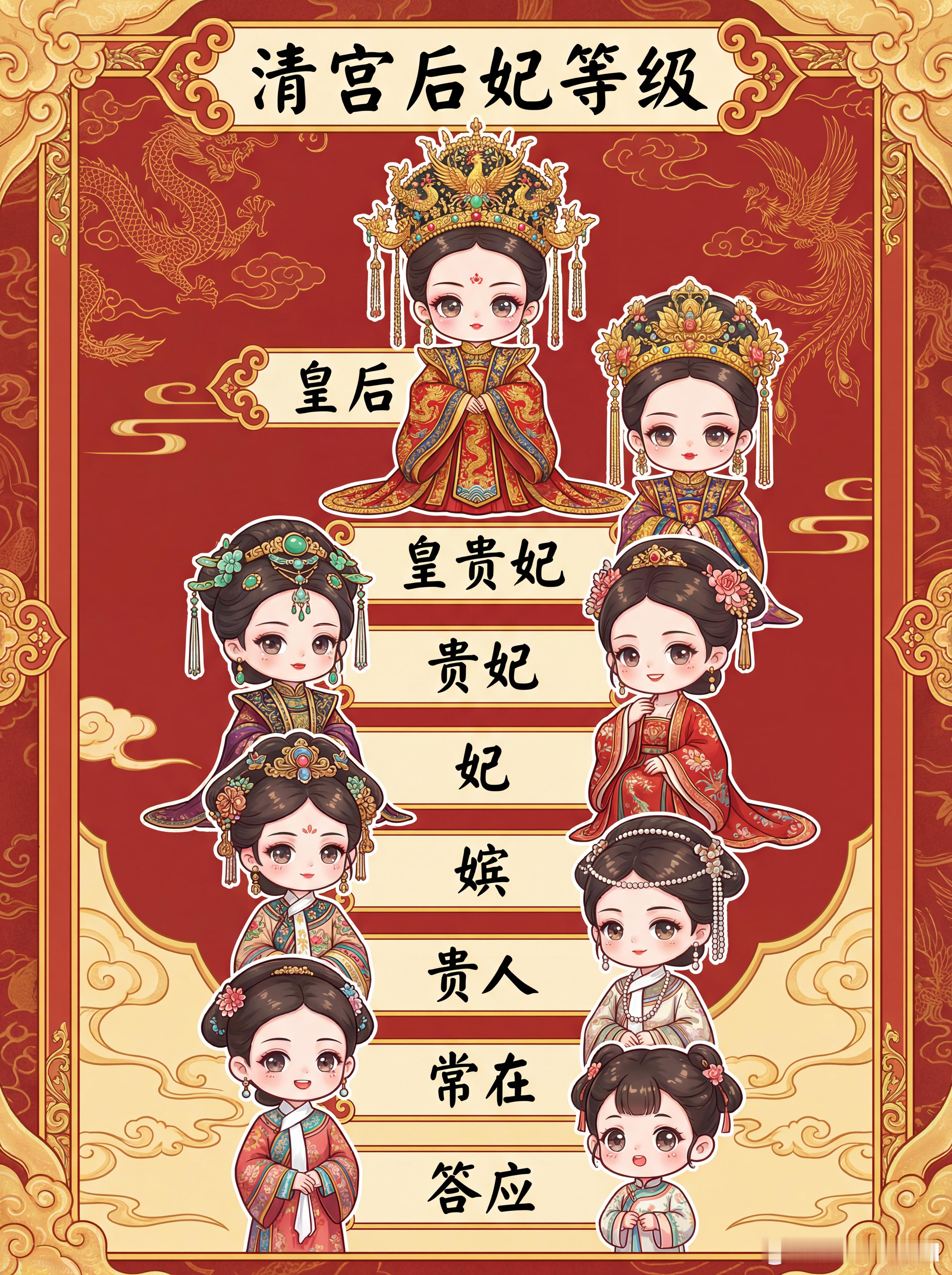 清朝后宫的妃子有多少等级？清代后妃制度结合满族习俗与汉制，据《清史稿・后妃传》，