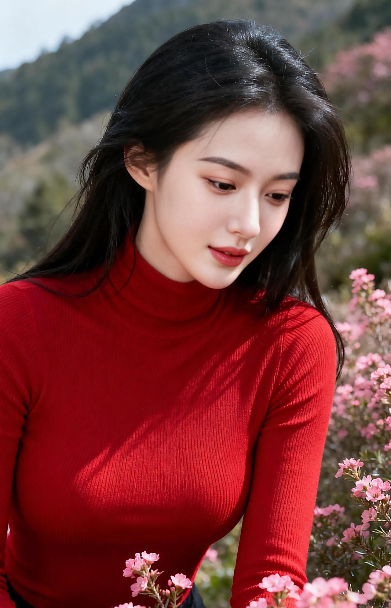 春日山野间，红衣胜花，不刻意张扬，却在光影交错间，将东方女子的柔与韵，定格成一幅