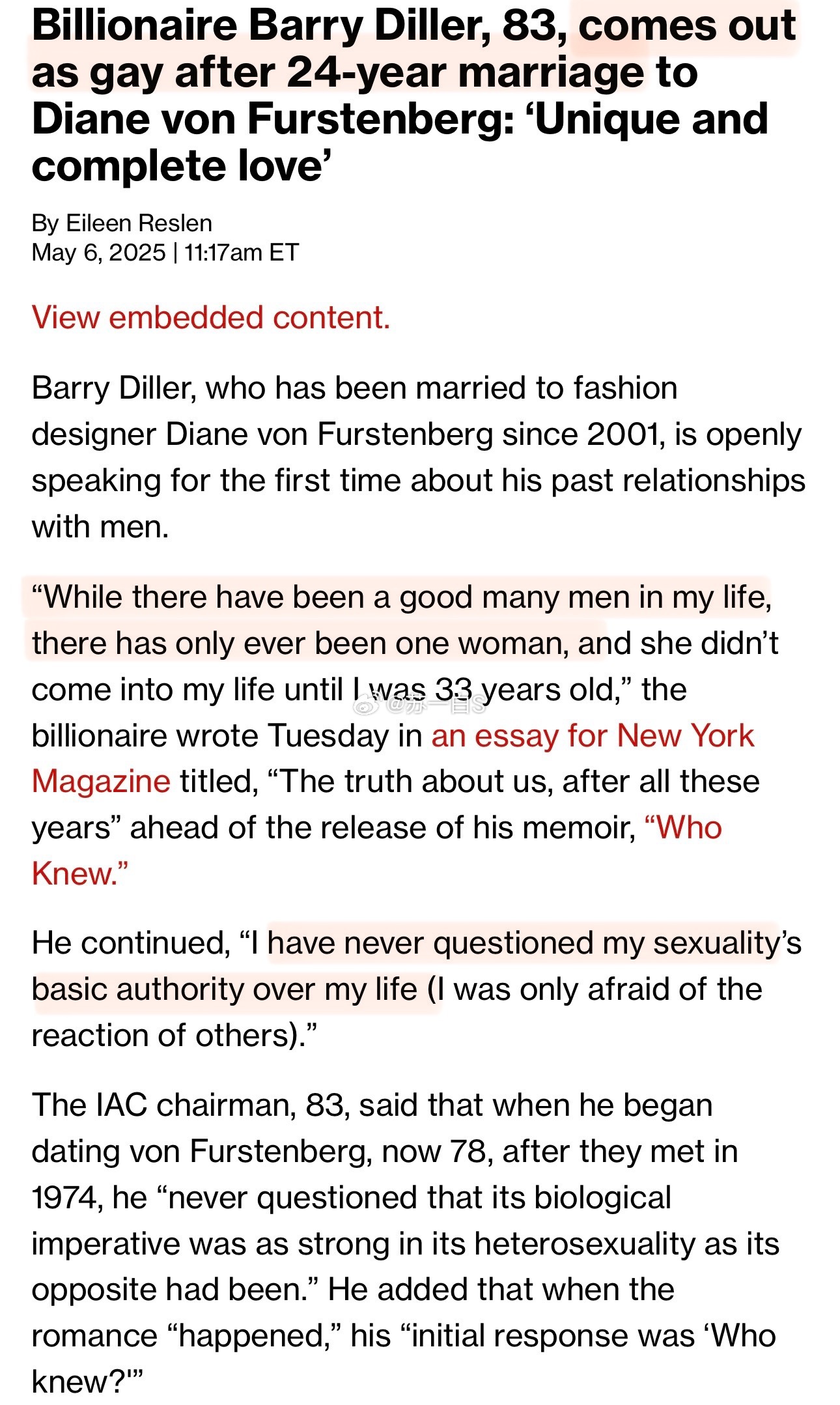 83岁的亿万富翁Barry Diller在跟78岁的DVF（Diane von 