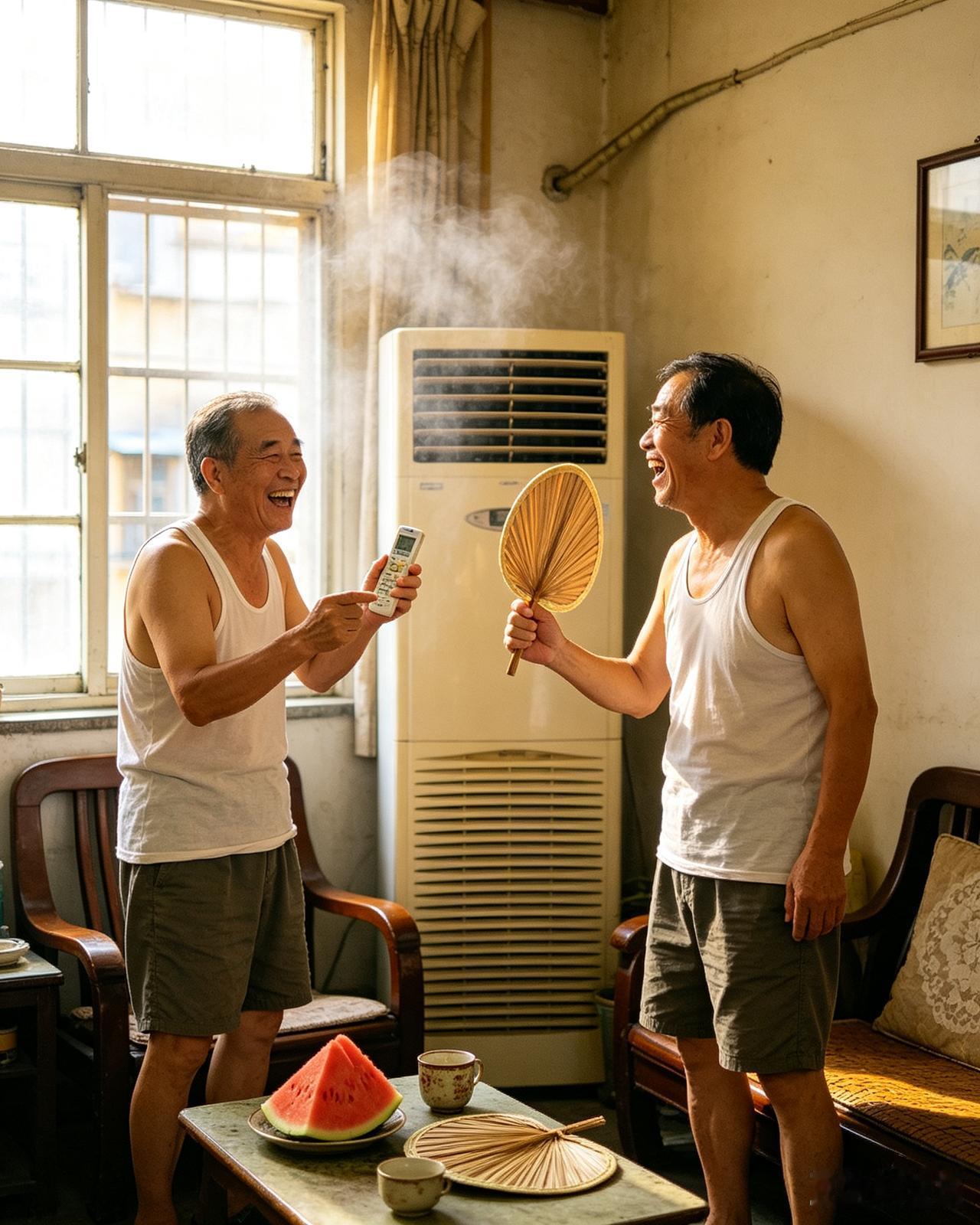 今早我去广弟家借扇子，一推门，便瞧见他正和空调遥控器较着劲，那眼神比债主还要凶狠