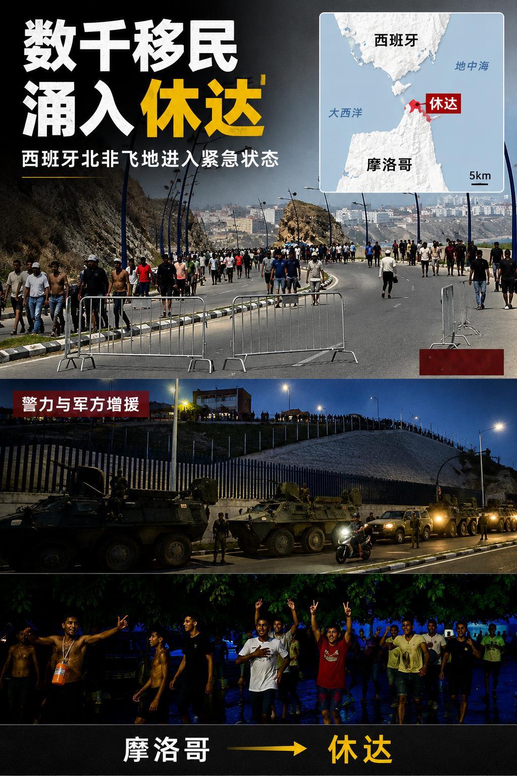 数千名移民涌入休达，西班牙紧急增派警力应对当地时间7月30日，大批移民从摩洛哥越