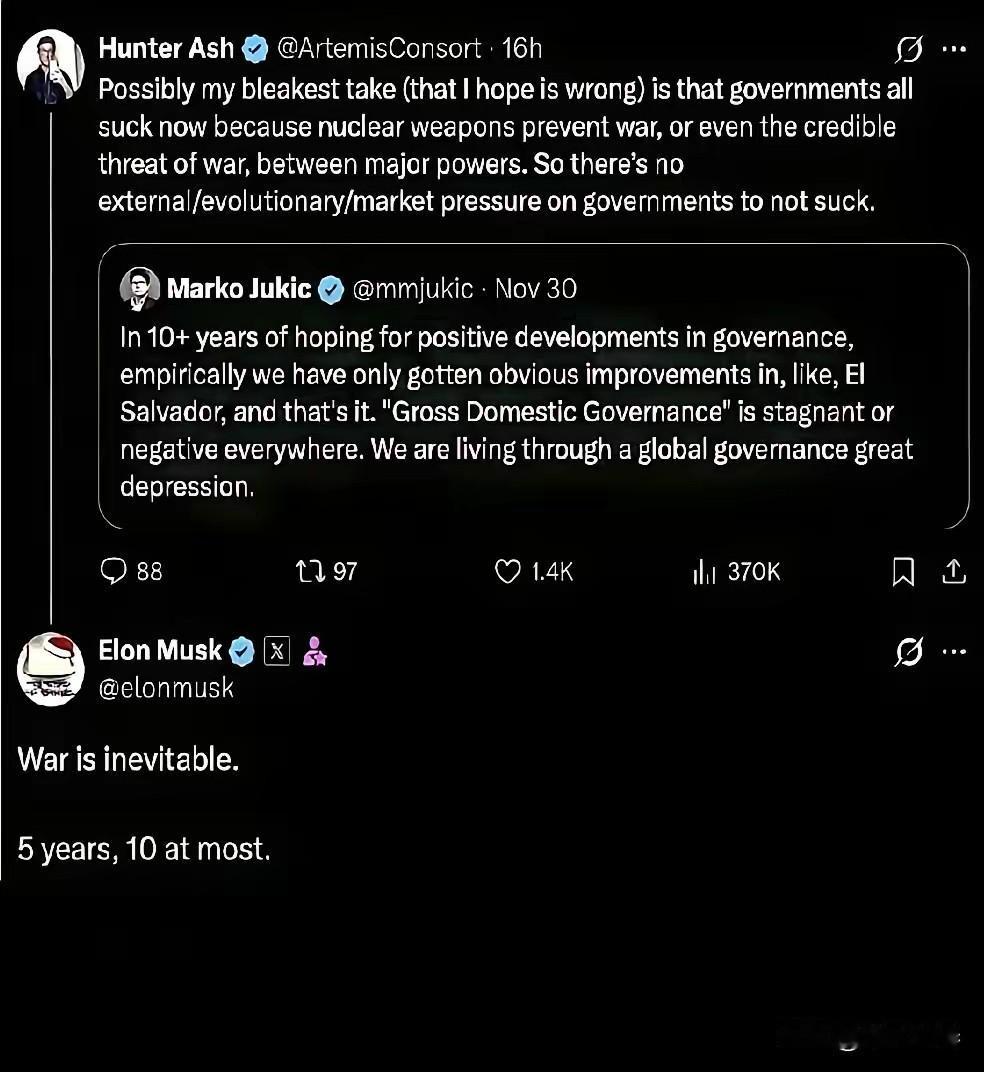 马斯克凌晨3点不睡觉，直接给全世界泼了一盆凉水。
他在网上断言：战争无法避免，就