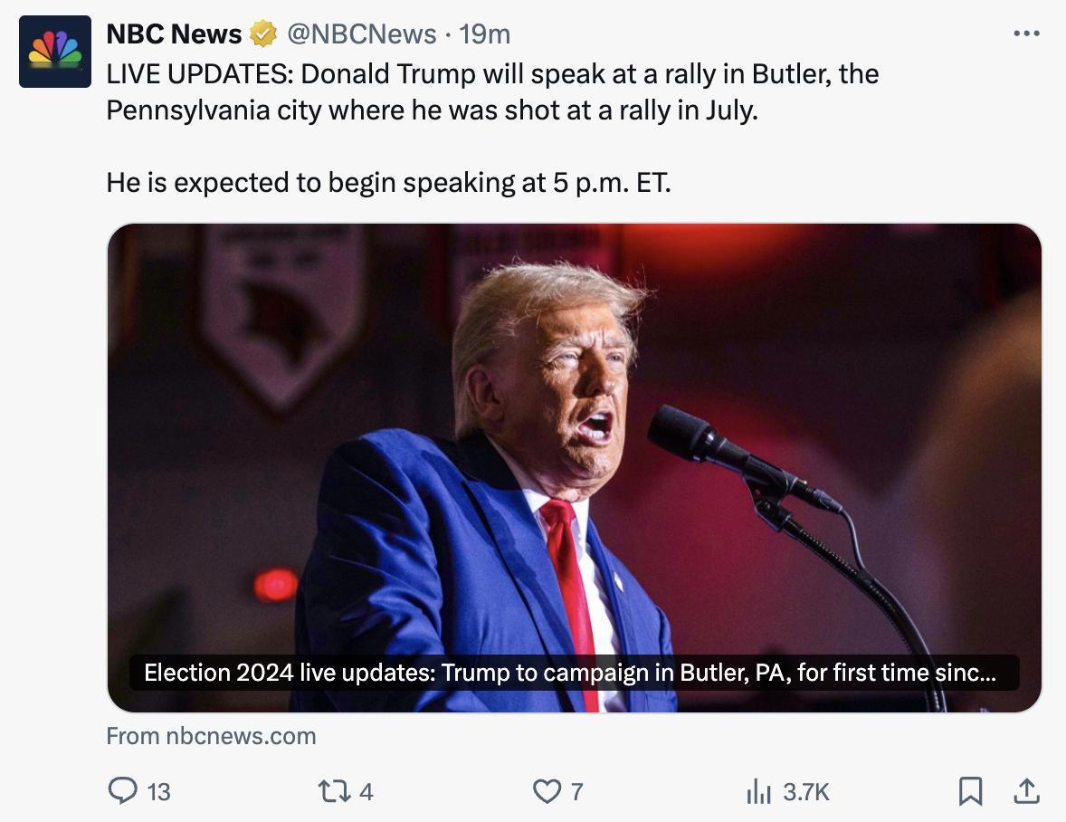 图片显示NBC新闻的报道，提到唐纳德·特朗普将在宾夕法尼亚州巴特勒市的一场集会上