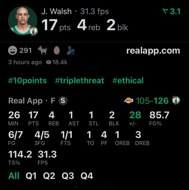 😎打出来了！乔丹-沃尔什本场出战26分钟，投篮7中6，得到17分4篮板1助攻1