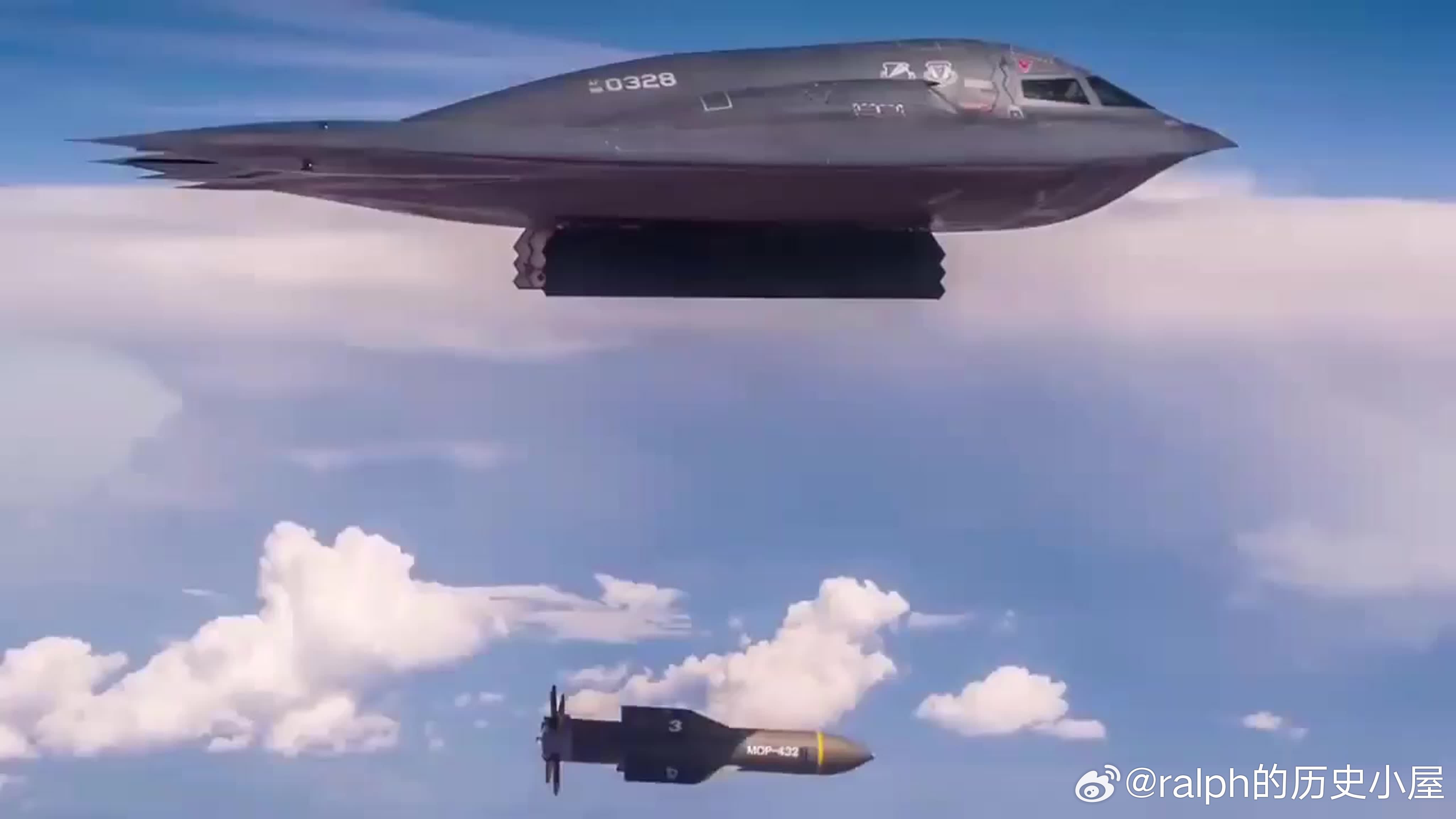 B-2轰炸机投掷GBU-57炸弹。巨型钻地弹GBU-57是为美国空军专门设计的，