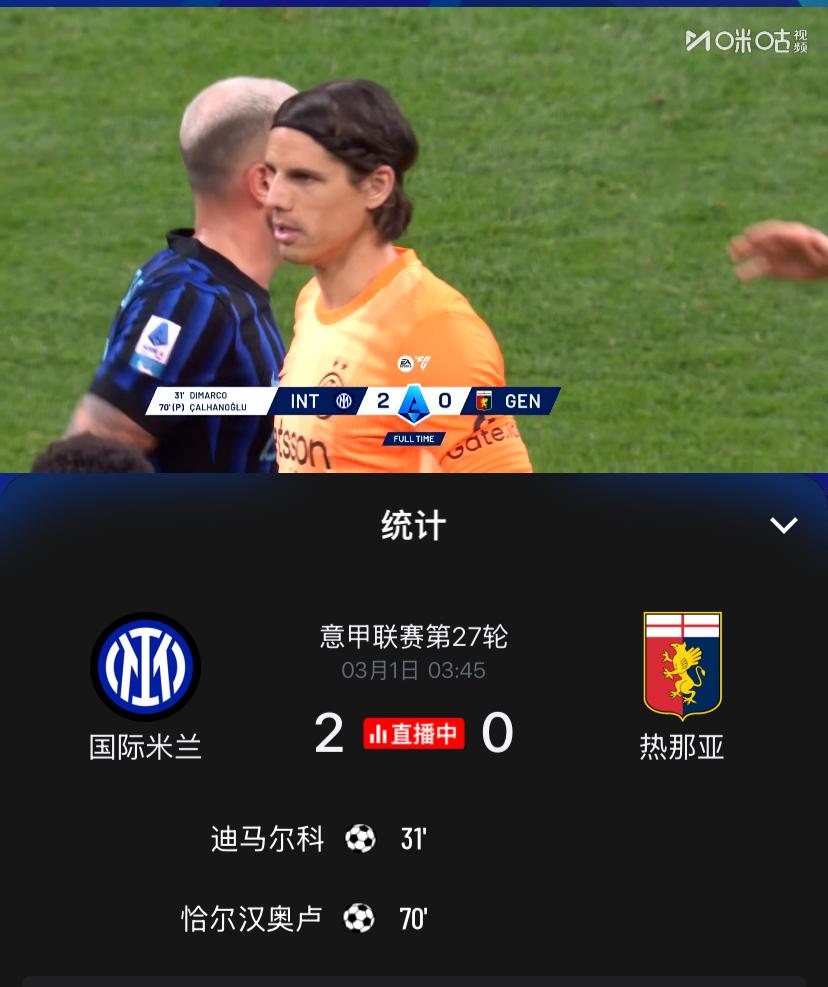 绝望吧，追兵们！意甲第27轮国际米兰主场2：0轻取热那亚，迪马尔科小角度低射破门