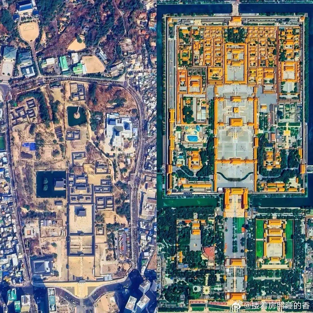 左边是韩国故宫，右边是中国故宫。看起来是小巫婆站在大巫婆旁边了吧？无论规划，规模