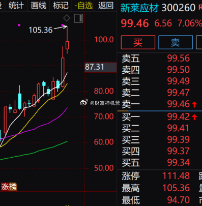 新莱应材走出陡峭主升加速行情，今日冲高 105.36 元后明显回落，涨幅 7.0