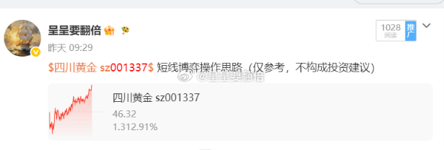 好样的，昨天盘前分享的$四川黄金 sz001337$ 拉升4个多点了，注意撤离，