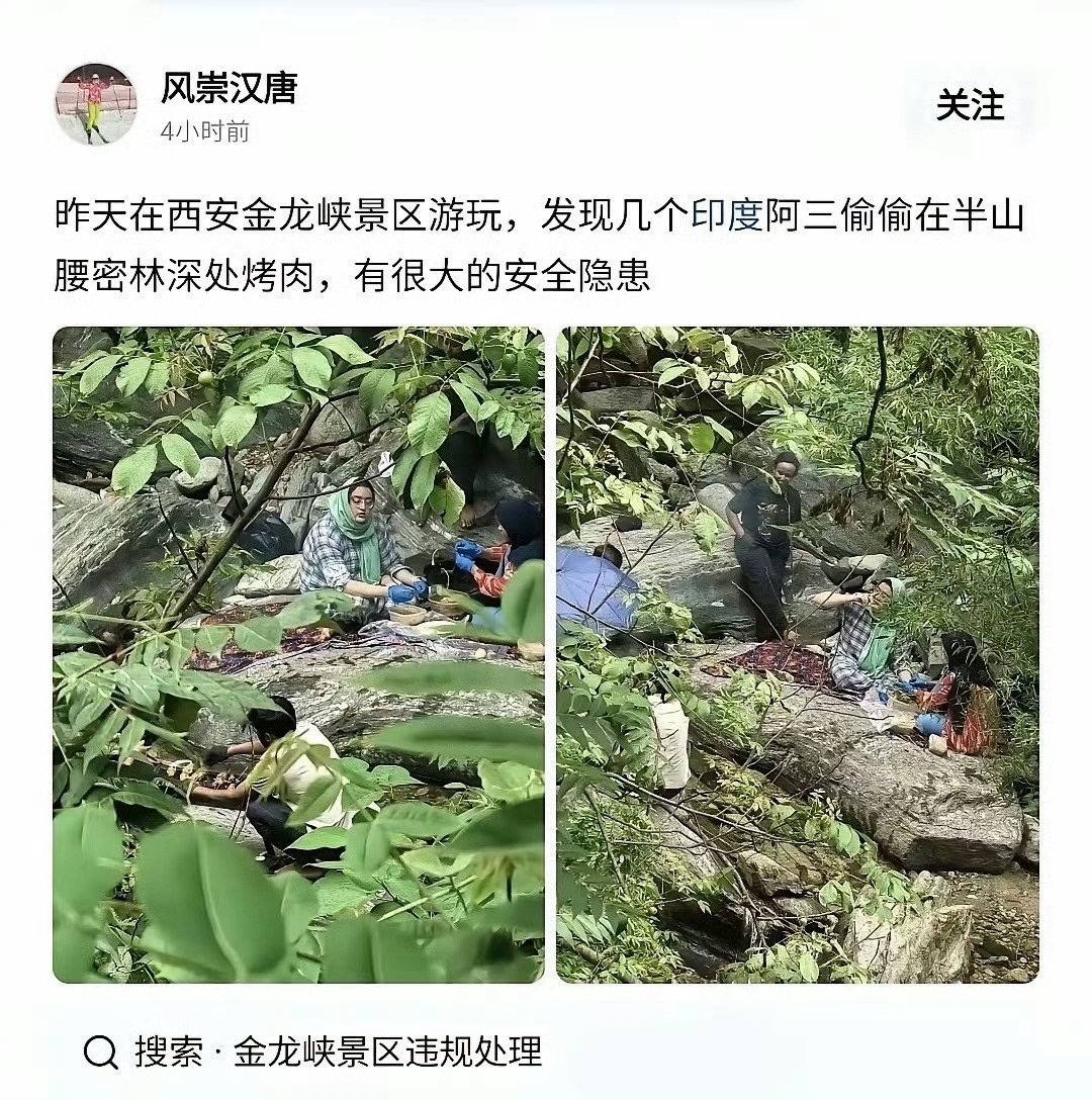 端午期间几个印度人绕行野路躲过安检，在秦岭重点防火区密林内烧烤野炊。他们刻意避开
