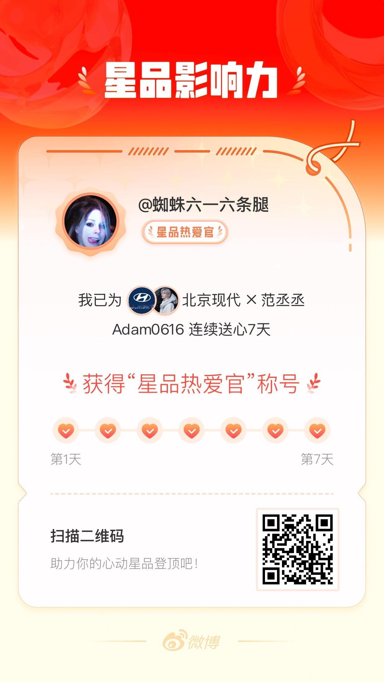 我在星品影响力上为 X 连续送心7天，获得“星品热爱官”称号！快来一起pick你