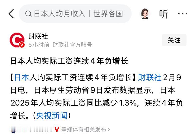 财联社消息：日本实际工资连续四年负增长！