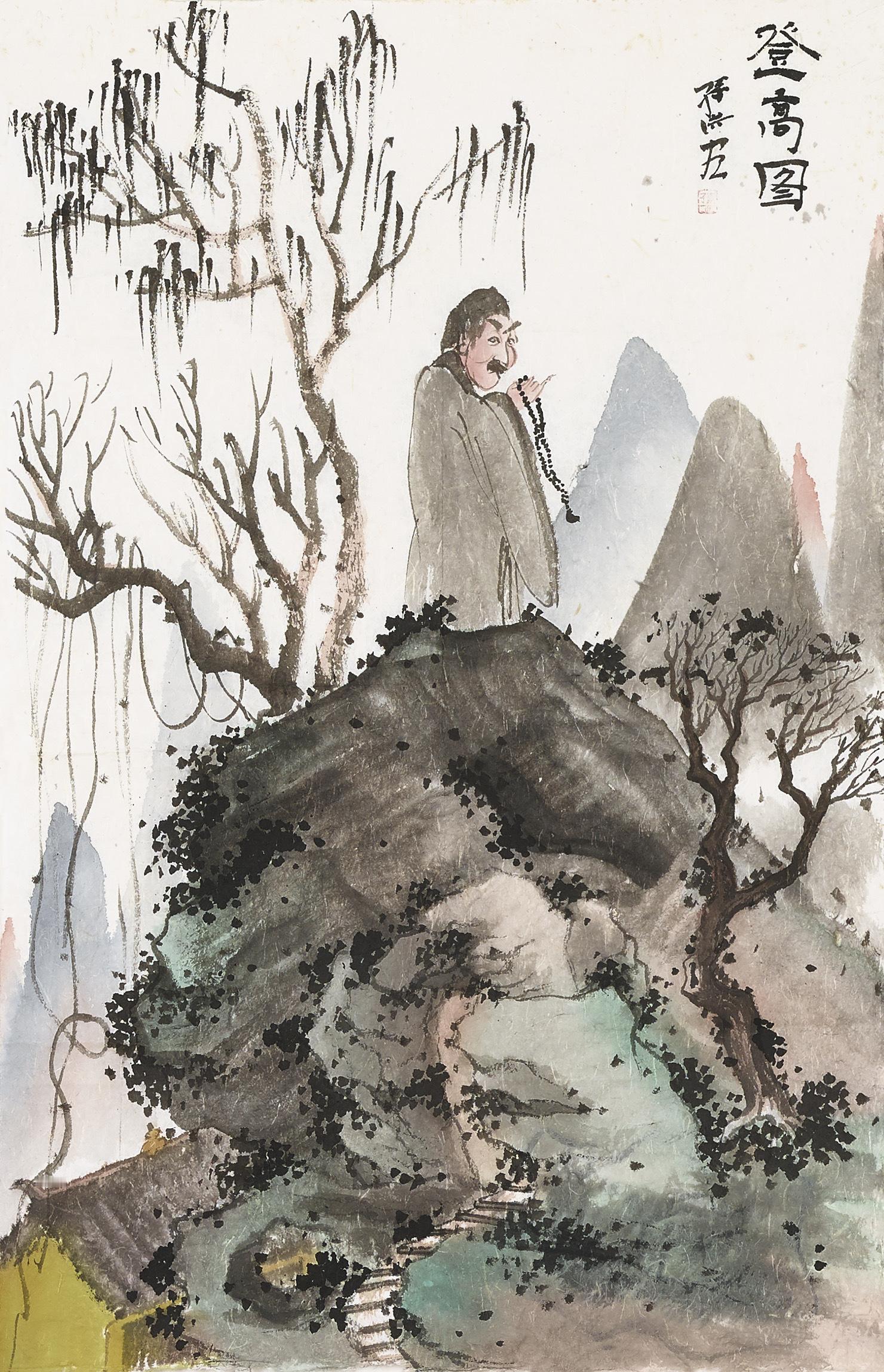 《枯木寒林间的精神栖居》画面中，狂放的焦墨枯树与淡雅的远山形成强烈对比，高士衣袂