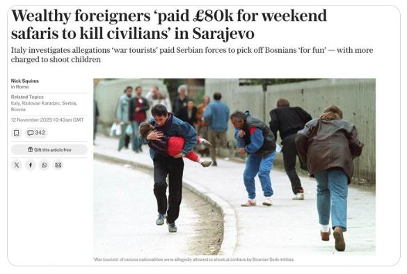 【《每日电讯报》报道：外国枪手受雇在波斯尼亚战争期间“取乐”枪杀平民】意大利当局