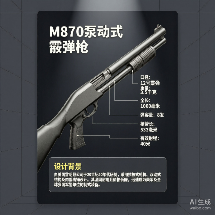 军事ai新视野  M870霰弹枪M870霰弹枪是由美国雷明顿公司于20世纪50年