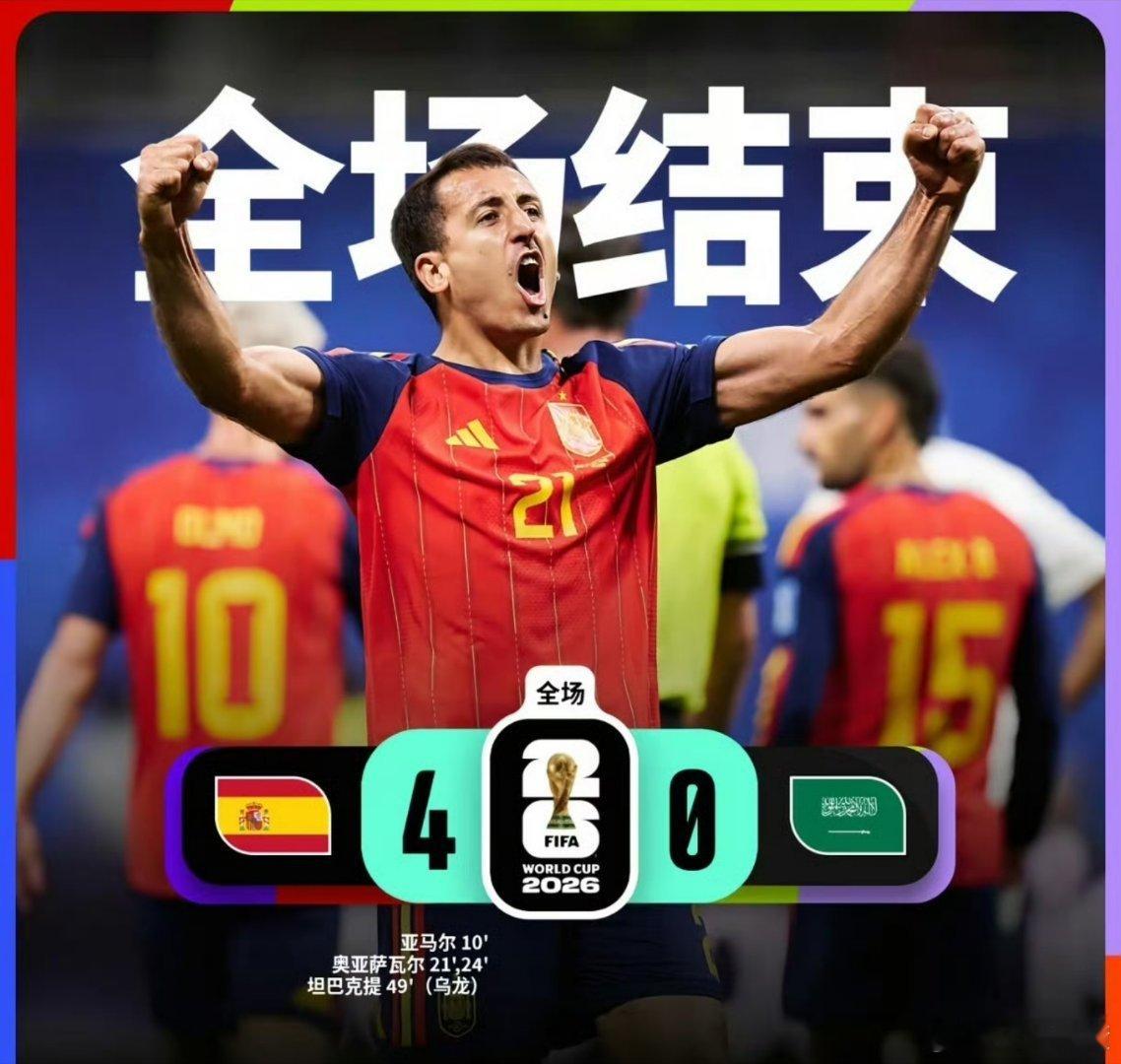 西班牙 杀疯了西班牙4比0横扫阿拉伯，23分钟连轰三球，真的是杀疯了 