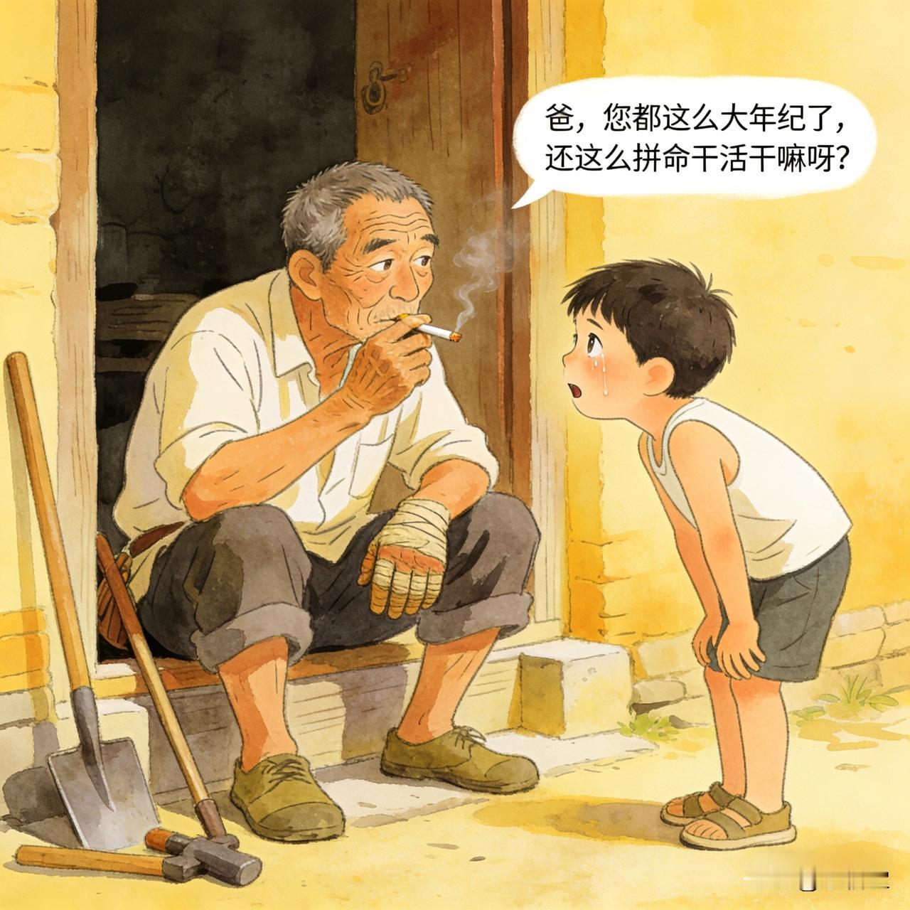 “爸，您都这么大年纪了，还这么拼命干活干嘛呀？”儿子看着父亲布满老茧的手，心疼地