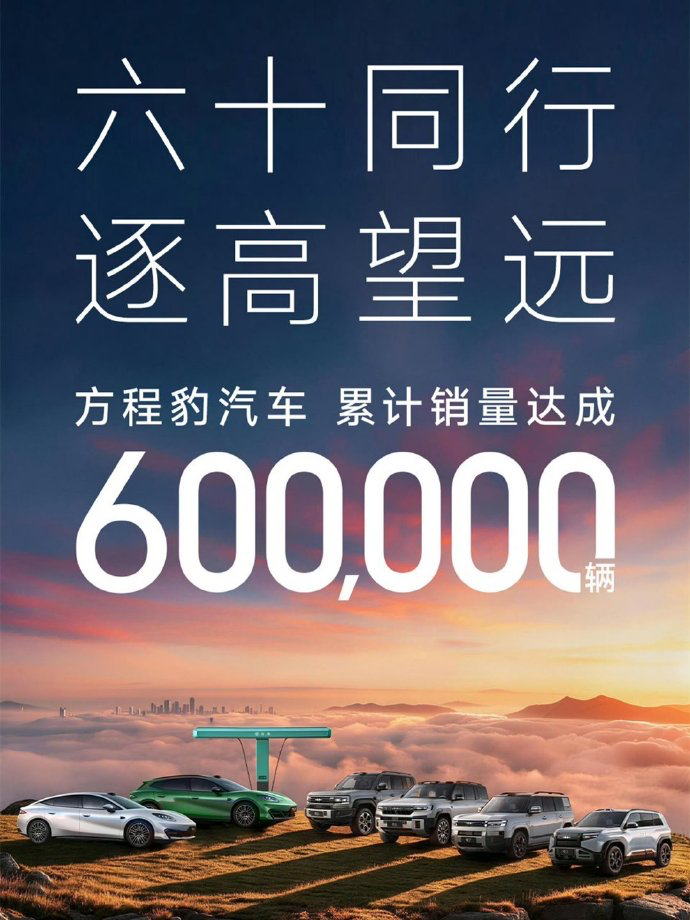 方程豹累计销量正式突破 60 万台，这增速在硬派越野赛道属实杀疯了。从 50 万