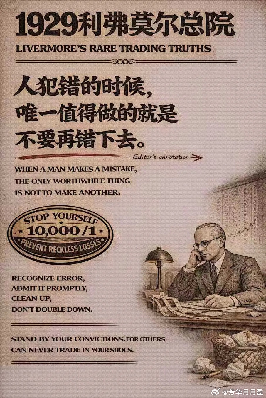 利弗莫尔说：人一旦犯错，最危险的，不是亏损。而是——不肯承认。很多人不是输在判断