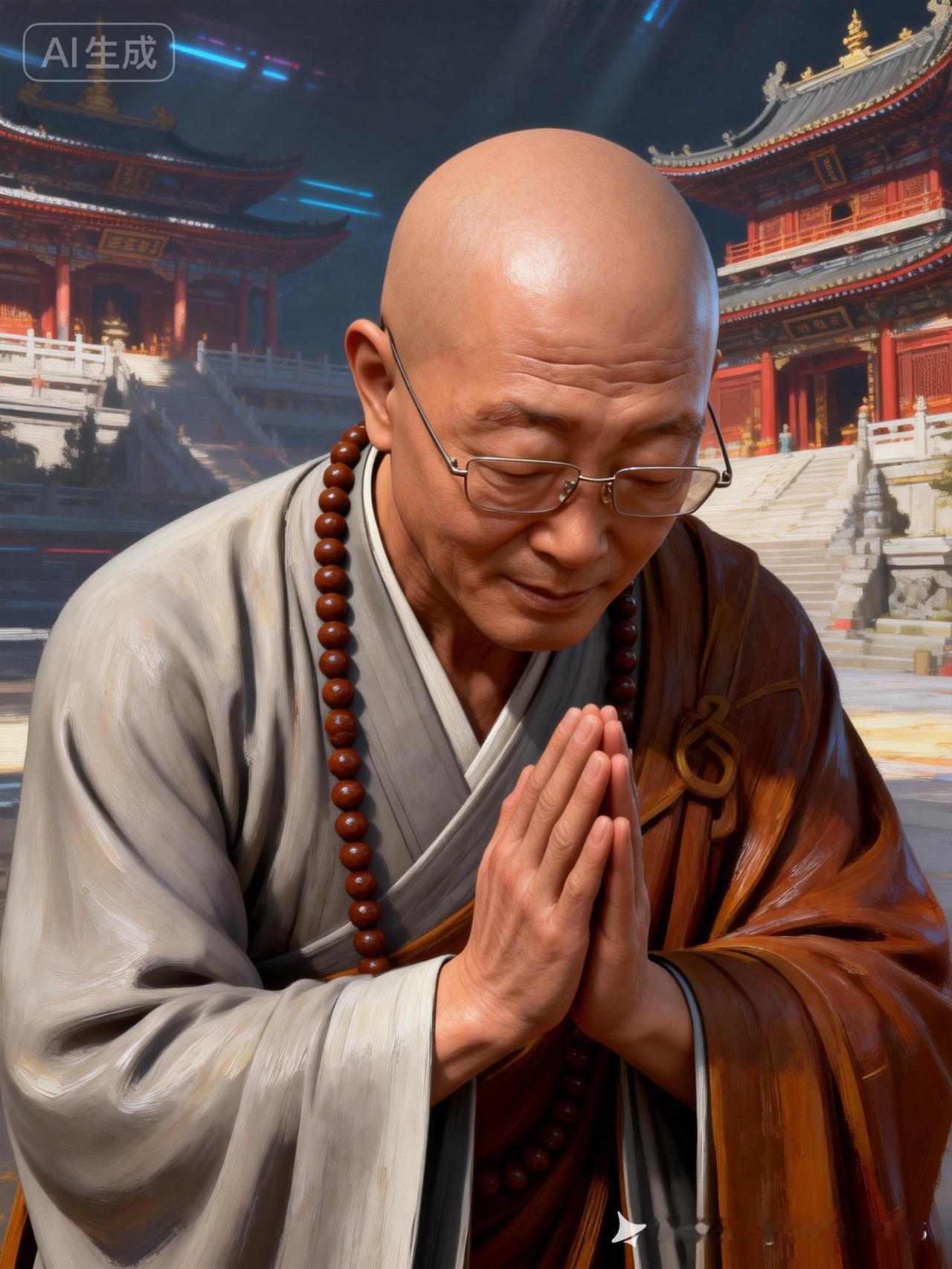 宁静的寺庙中，一位僧人闭目祈祷，心静如水。