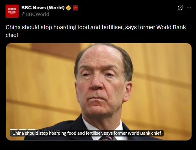 美国政客要求中国停止囤积化肥和粮食。

上世纪50年代，我们粮食严重短缺，美国却